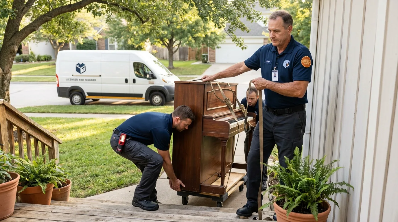 Licensed piano movers securing grand piano in Whitefield, ME