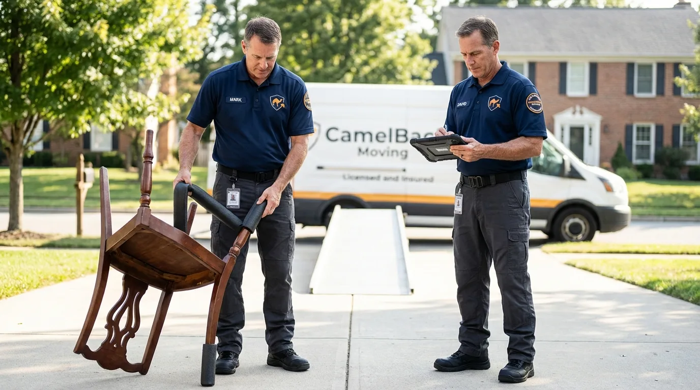 Movers inspecting furniture for damage prevention before loading in Whitefield, ME