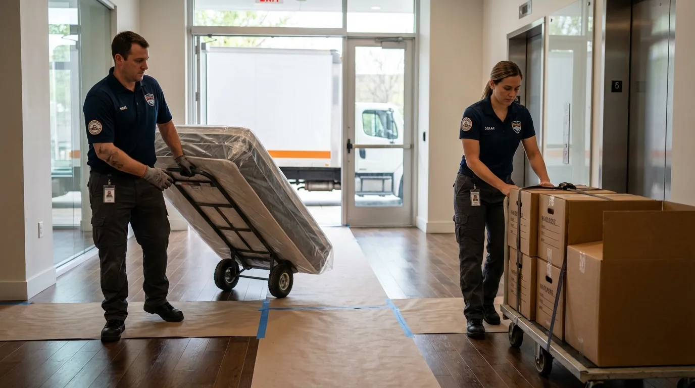 Professional apartment movers loading elevator in Whitefield, ME